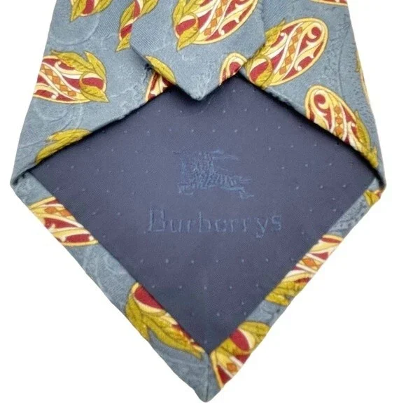 Vintage 80s Burberrys of London Silk Necktie Slate Gold Maroon Print Burberry